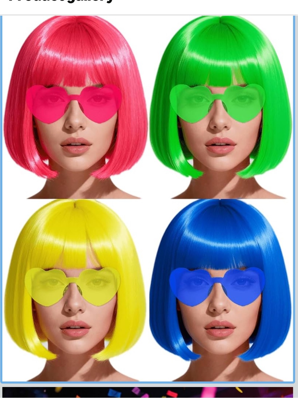 Colorful Party Wig and Heart Sunglasses Set - Blue, Yellow, Pink, Green